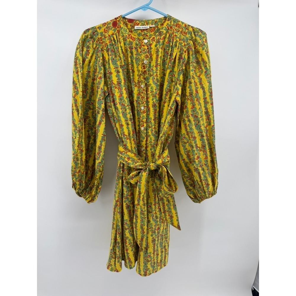 Roller Rabbit Yellow Floral XS Mini Dress Tie Waist Button Front Boho Resortwear